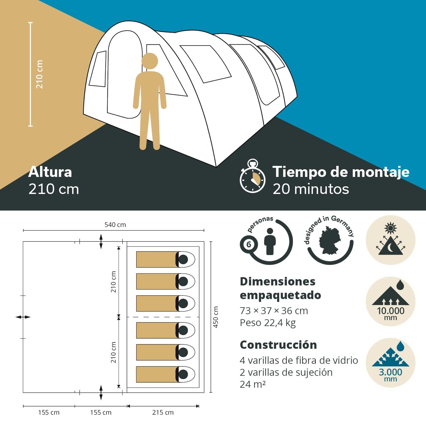 Skandika Gotland 6 - Tienda de campaña Familiar - mosquiteras - Suelo Cosido en Forma de bañera - túnel (Gris)