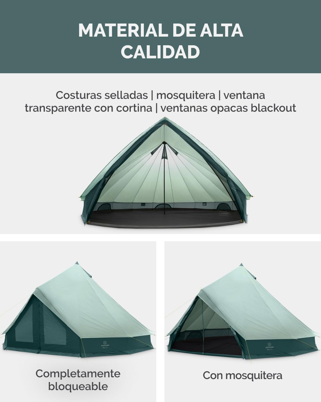 Tienda Tipi JUSTCAMP Bell 12 para Grupos, familias o Camping hasta 12 Personas, Menta