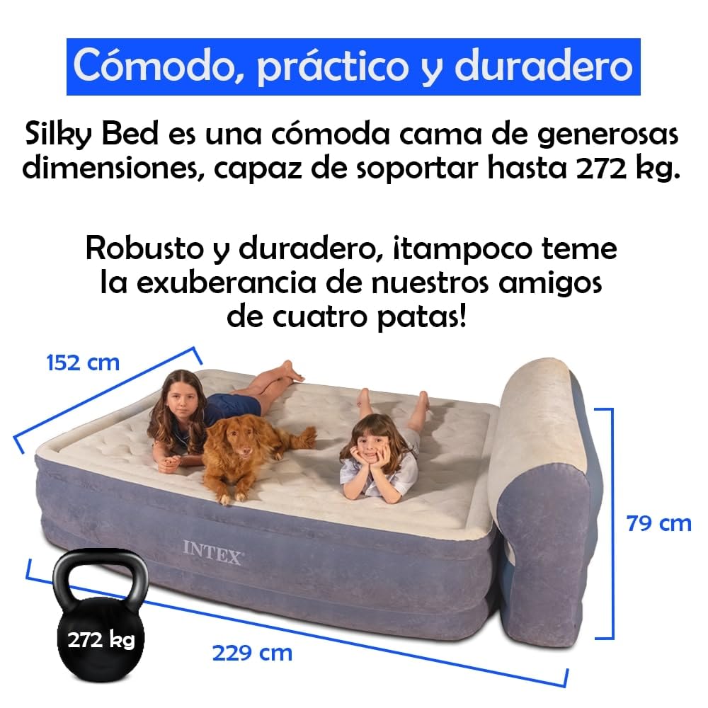 wow airbed Silky Bed Cama Hinchable Doble 229x152x79 cm – Autoinflable con Bomba Eléctrica Integrada, Comodidad Ergonómica, Cabecero Alto y Bolsa de Transporte – Visto en TV