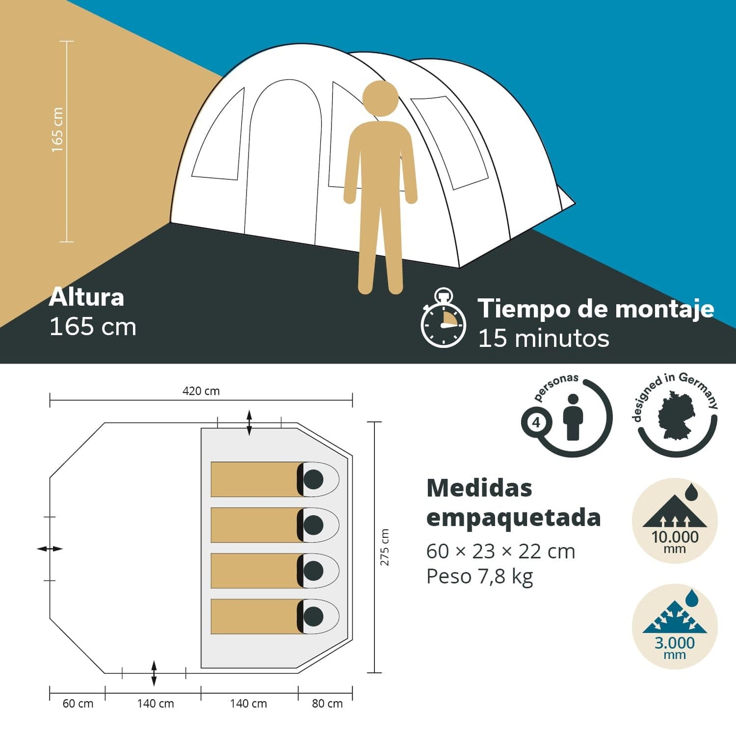 Skandika Kambo - Tienda de campaña Tipo túnel - 4 Personas - Columna de Agua de 3000 mm - 3 entradas - toldo (Gris/Beige)