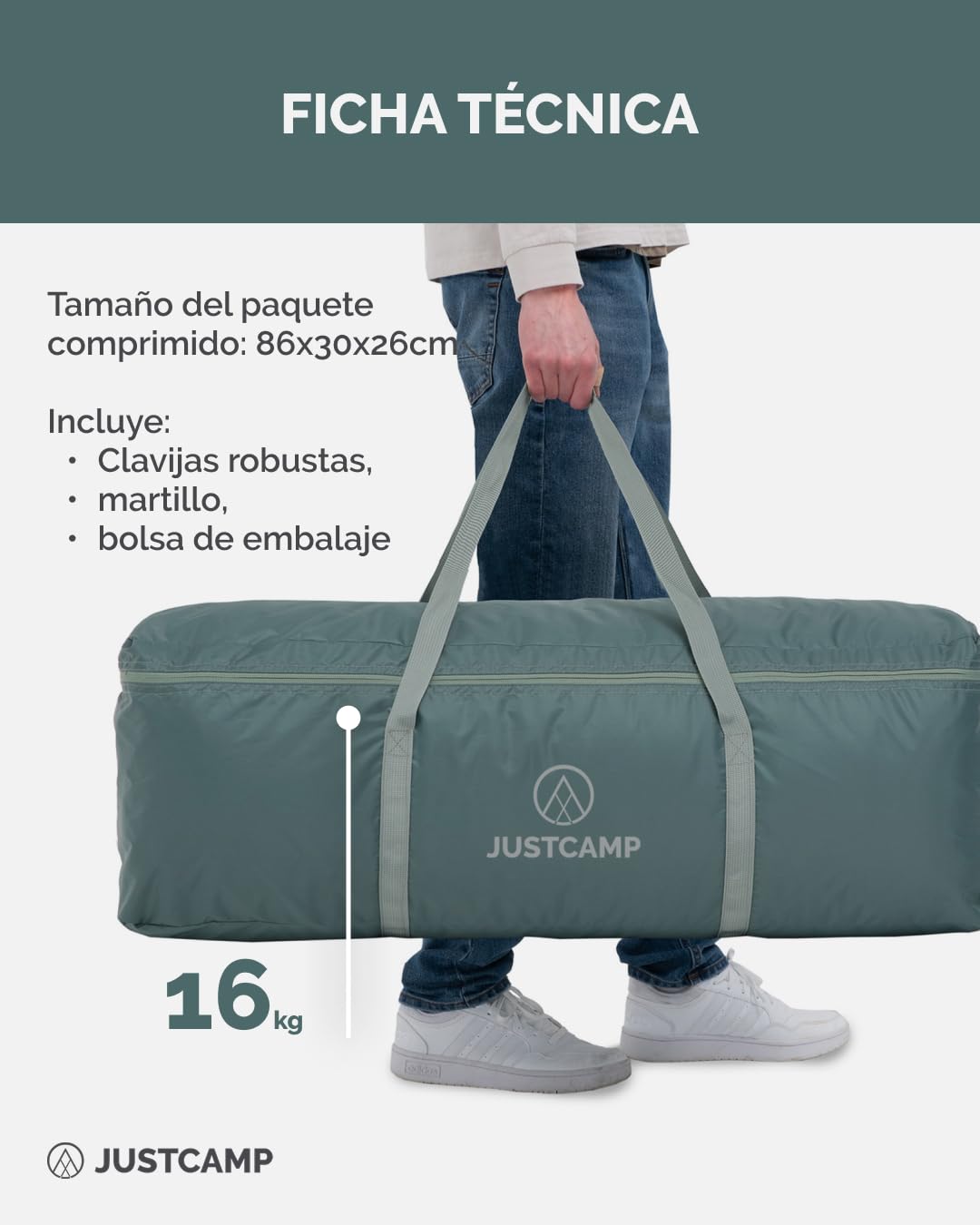 Tienda Tipi JUSTCAMP Bell 12 para Grupos, familias o Camping hasta 12 Personas, Menta
