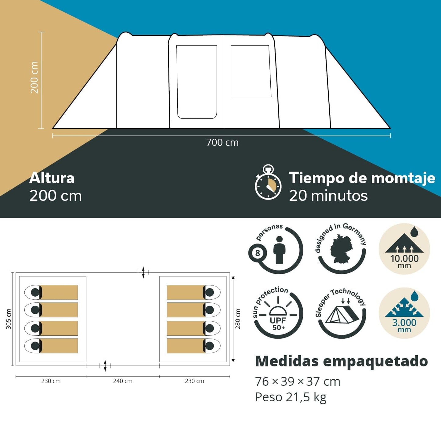 Skandika Casablanca 8 Sleeper Protect Tienda de campaña túnel| 2 cabinas para Dormir, Sleeper Technology, Suelo Cosido, Columna de Agua de 3000 mm, Altura de 2 m, mosquitera (Beige)