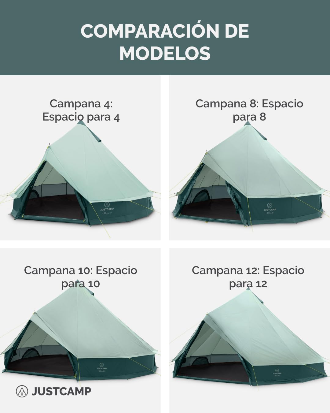 Tienda Tipi JUSTCAMP Bell 12 para Grupos, familias o Camping hasta 12 Personas, Menta
