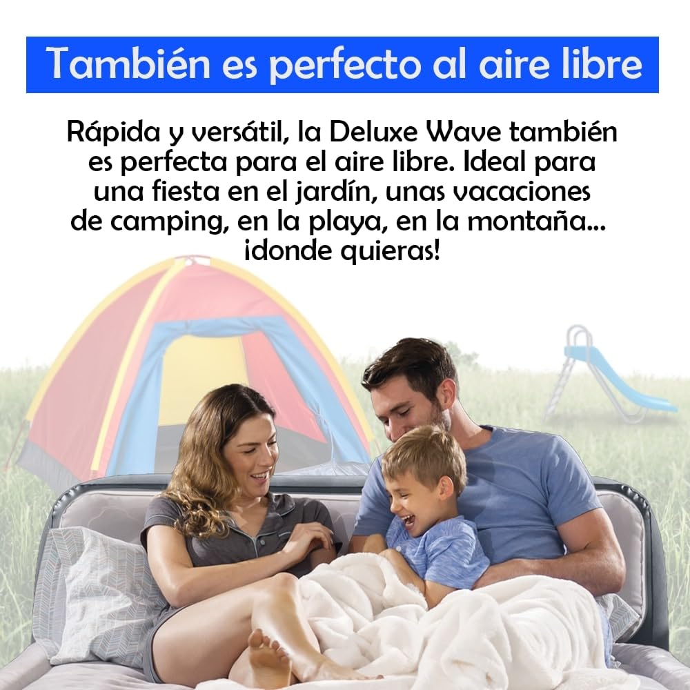 INVOGA Colchón Hinchable Doble Deluxe Wave 152x236x86cm | Tecnología FiberTech Autoinflable | Bomba Eléctrica Incorporada | Cama Plegable Ideal para Camping y Hogar