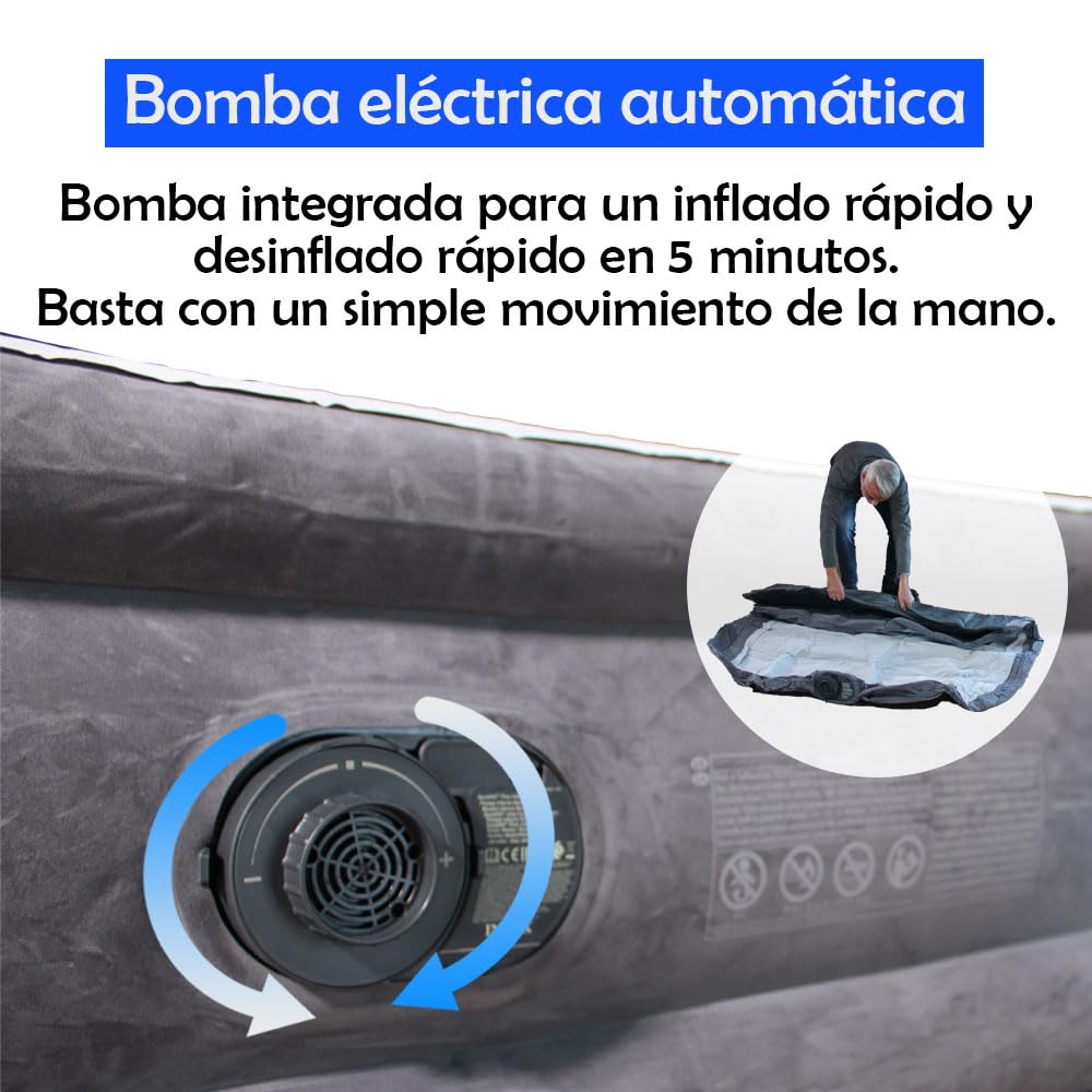 INVOGA Colchón Hinchable Doble Deluxe Wave 152x236x86cm | Tecnología FiberTech Autoinflable | Bomba Eléctrica Incorporada | Cama Plegable Ideal para Camping y Hogar