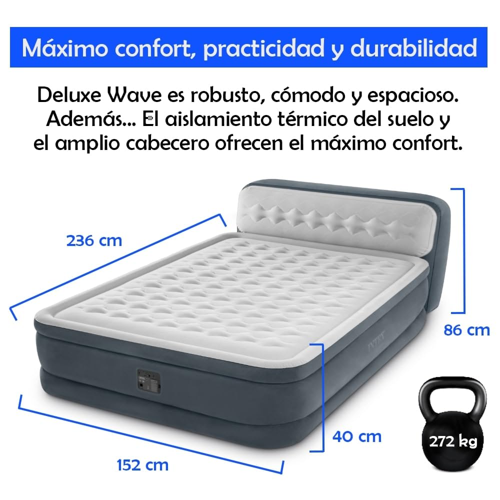 INVOGA Colchón Hinchable Doble Deluxe Wave 152x236x86cm | Tecnología FiberTech Autoinflable | Bomba Eléctrica Incorporada | Cama Plegable Ideal para Camping y Hogar