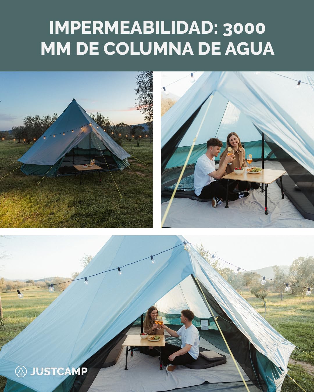Tienda Tipi JUSTCAMP Bell 12 para Grupos, familias o Camping hasta 12 Personas, Menta