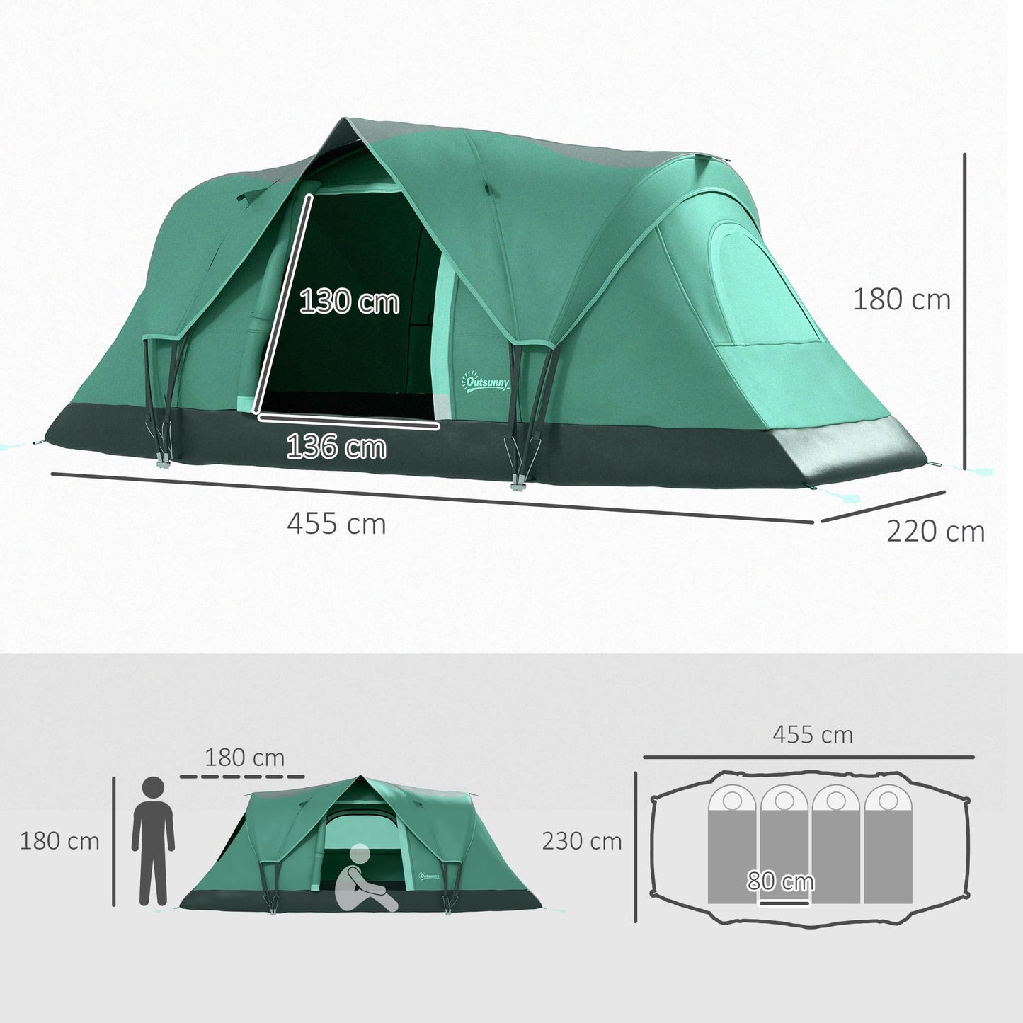 Outsunny Tienda de Campaña Familiar para 5-6 Personas Tienda de Acampada de Túnel Impermeable 3000mm+ Tienda de Camping con Bolsa de Transporte y Gancho para Pescar Senderismo 455x220x180 cm Verde