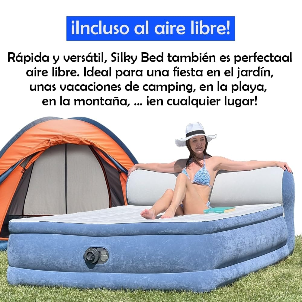 wow airbed Silky Bed Cama Hinchable Doble 229x152x79 cm – Autoinflable con Bomba Eléctrica Integrada, Comodidad Ergonómica, Cabecero Alto y Bolsa de Transporte – Visto en TV