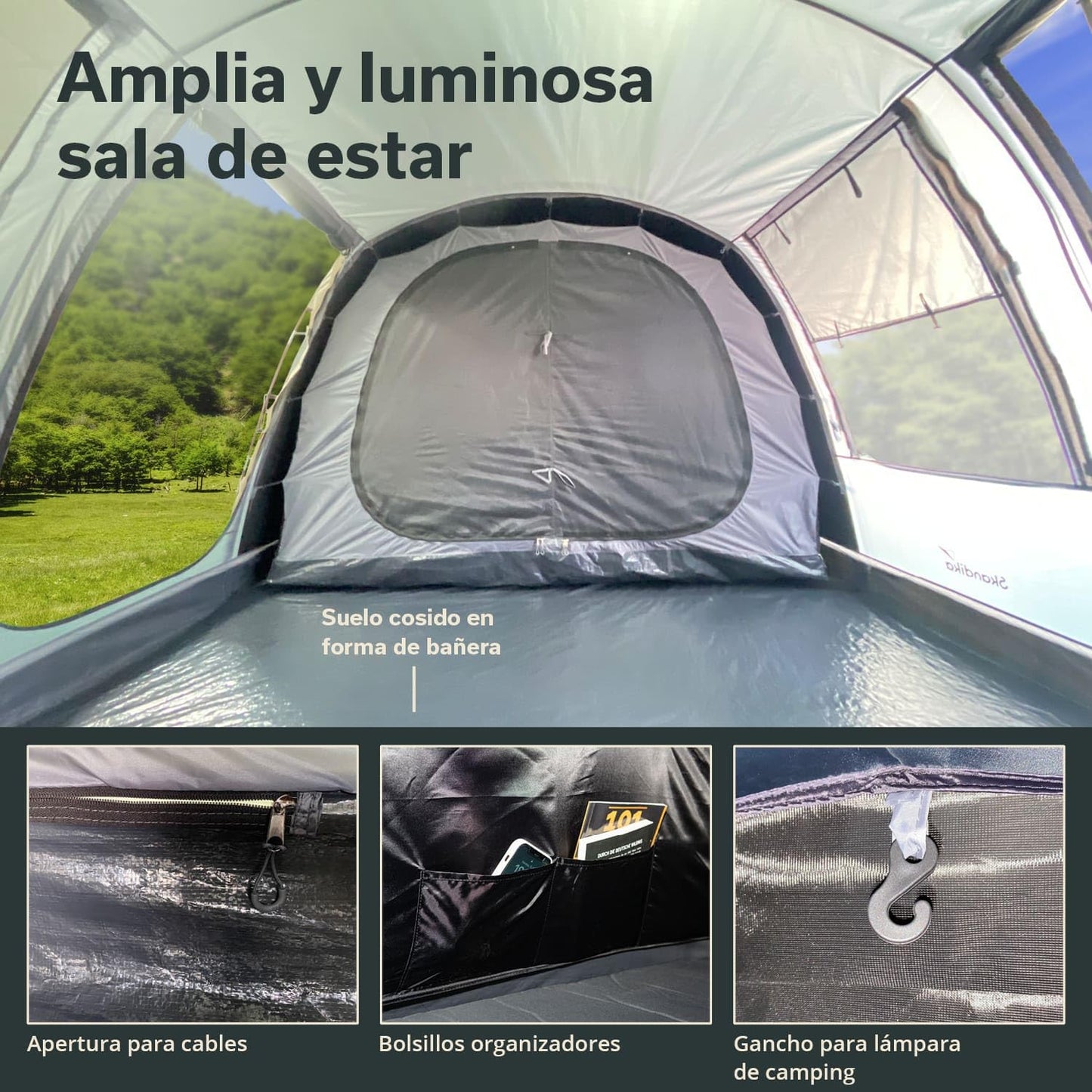 Skandika Casablanca 8 Sleeper Protect Tienda de campaña túnel| 2 cabinas para Dormir, Sleeper Technology, Suelo Cosido, Columna de Agua de 3000 mm, Altura de 2 m, mosquitera (Beige)