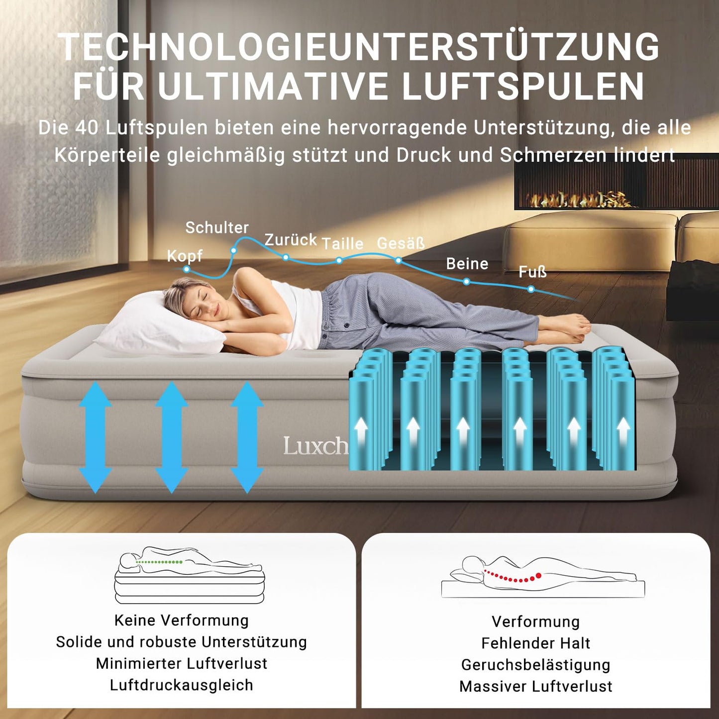 Luxchoice Cama de Aire para 2 Personas Colchón de Aire Autoinflable con Bomba PortáTil y Antidesgaste y Antiruido Tejido de Primera Calidad Colchón Inflable para Camping O Uso DoméStico