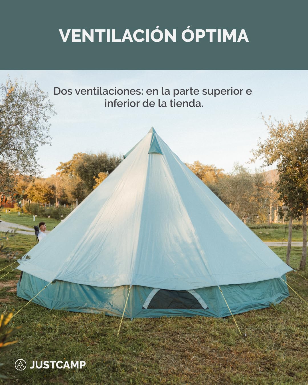 Tienda Tipi JUSTCAMP Bell 12 para Grupos, familias o Camping hasta 12 Personas, Menta