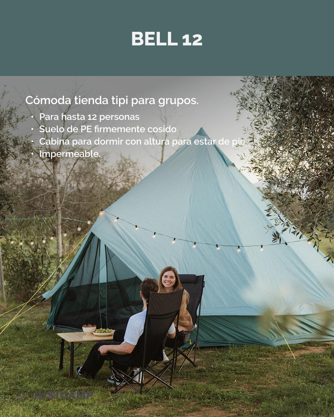 Tienda Tipi JUSTCAMP Bell 12 para Grupos, familias o Camping hasta 12 Personas, Menta