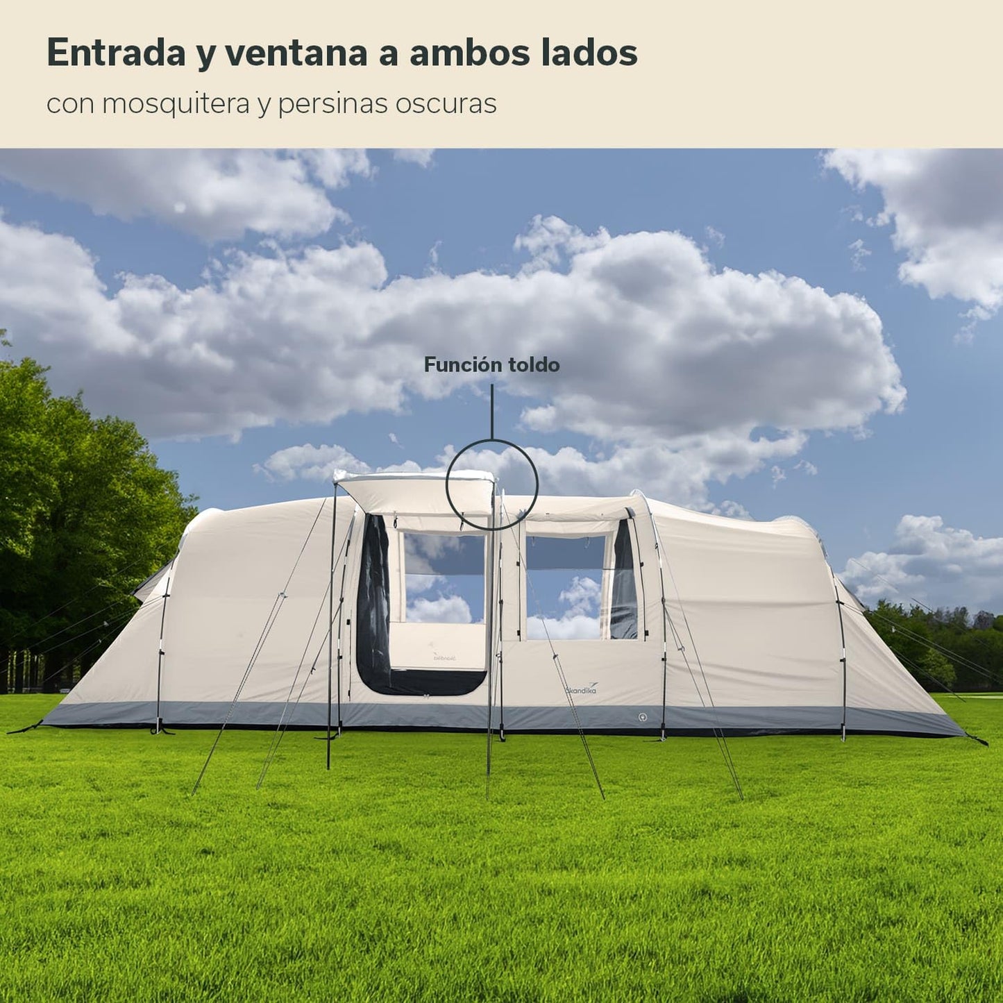 Skandika Casablanca 8 Sleeper Protect Tienda de campaña túnel| 2 cabinas para Dormir, Sleeper Technology, Suelo Cosido, Columna de Agua de 3000 mm, Altura de 2 m, mosquitera (Beige)