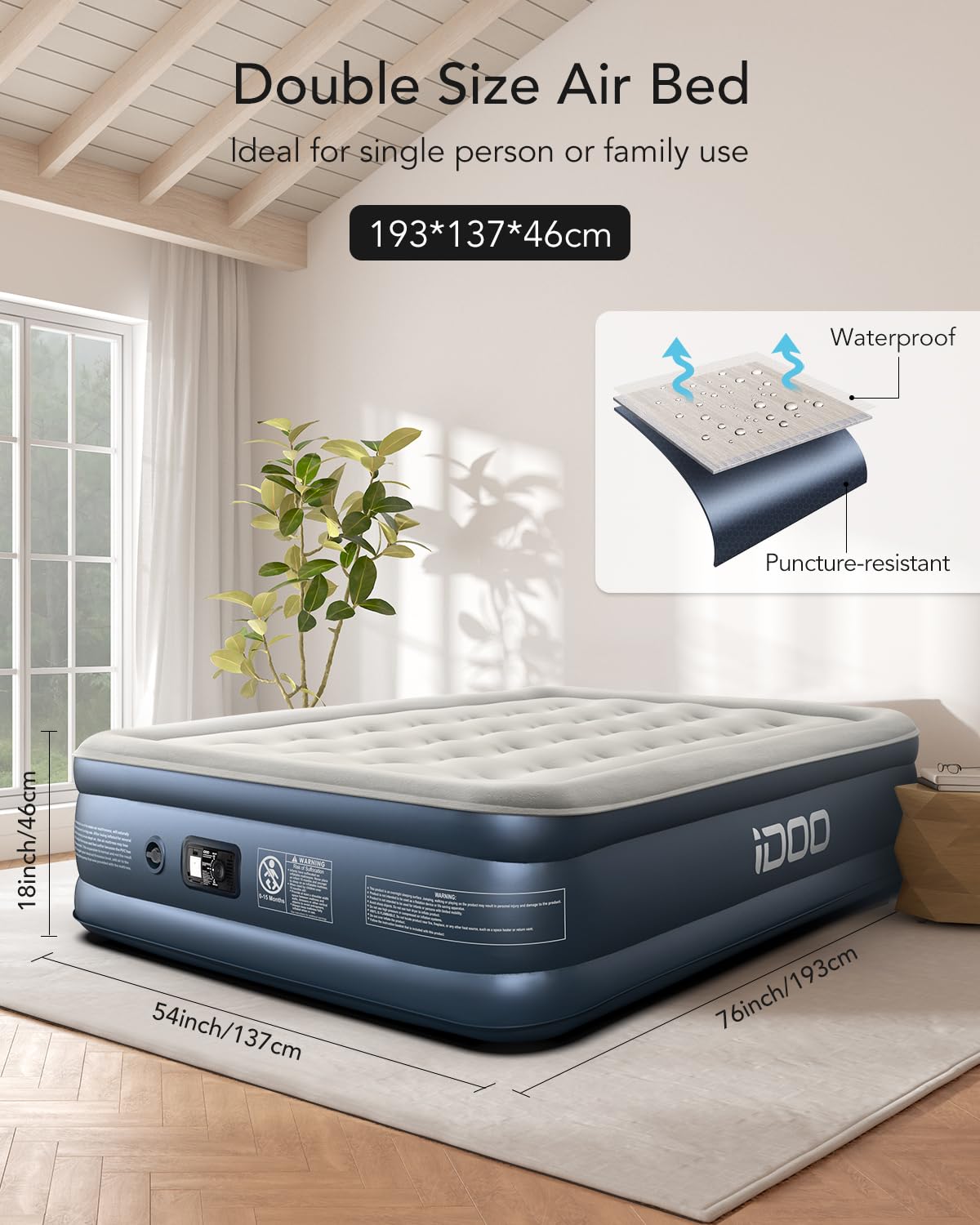 iDOO Colchón Hinchable, Cama Hinchable con Bomba de inflado incorporada.Rápido inflado y desinflado en Tan Solo 3 Minutos,para el hogar, 137x193x46cm, Peso máximo:295kg, Cama Matrimonial