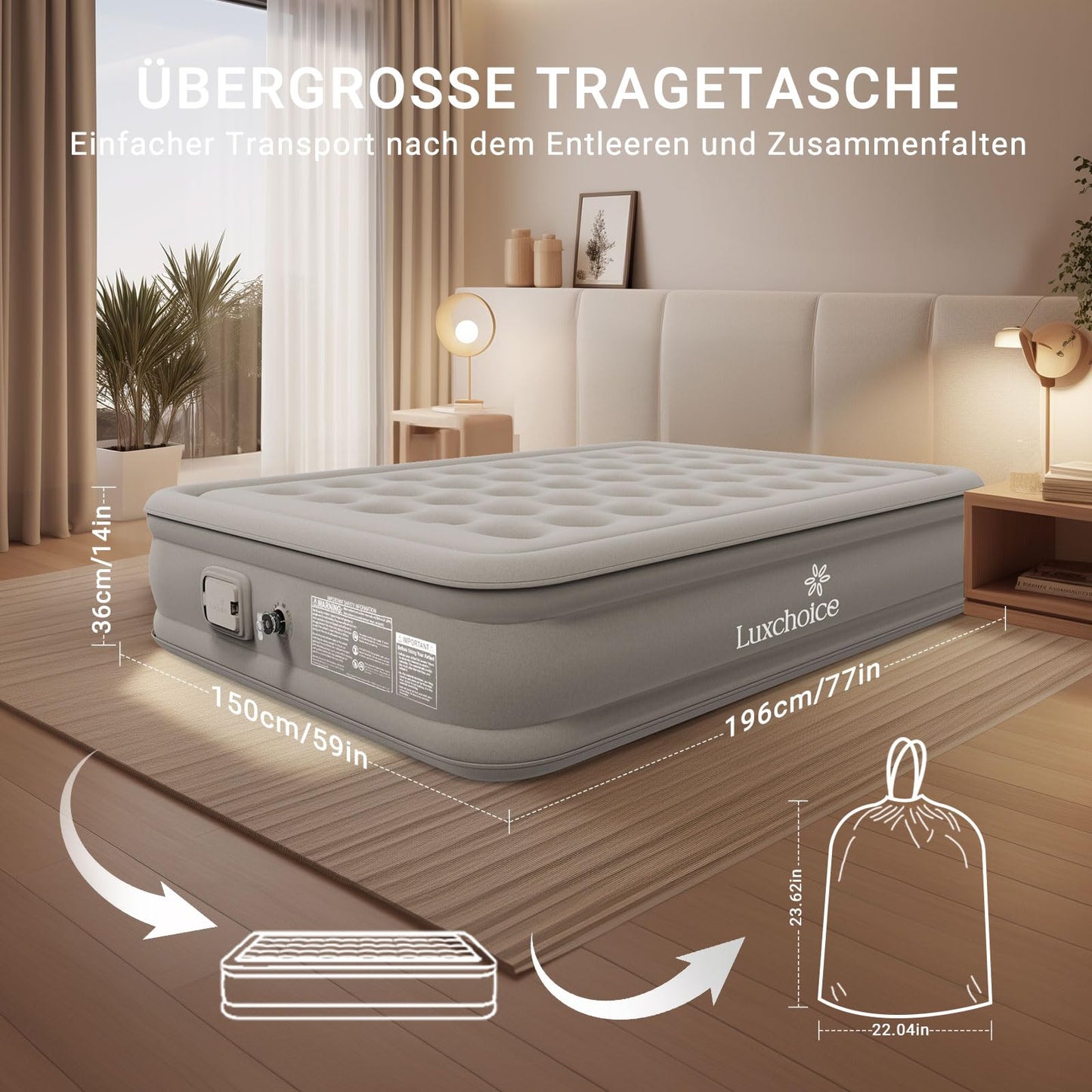 Luxchoice Cama de Aire para 2 Personas Colchón de Aire Autoinflable con Bomba PortáTil y Antidesgaste y Antiruido Tejido de Primera Calidad Colchón Inflable para Camping O Uso DoméStico