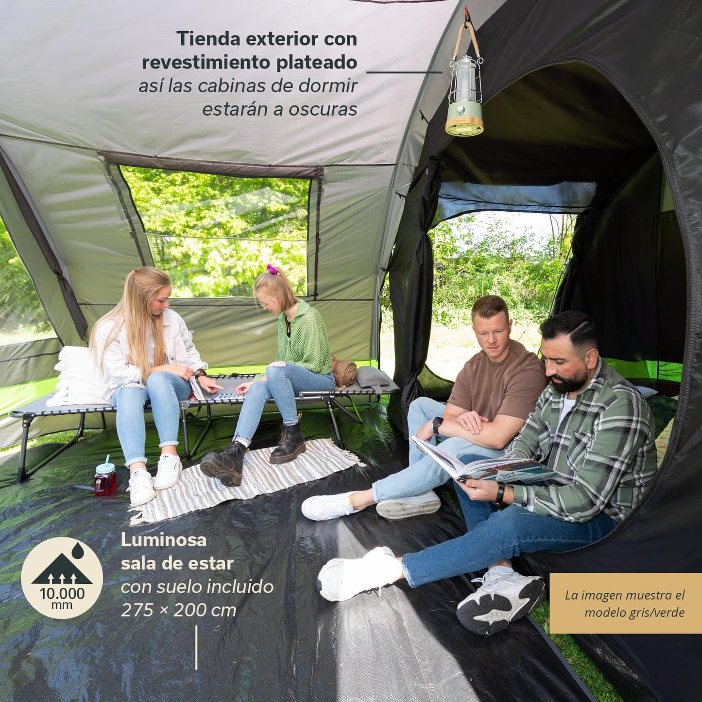 Skandika Kambo - Tienda de campaña Tipo túnel - 4 Personas - Columna de Agua de 3000 mm - 3 entradas - toldo (Gris/Beige)