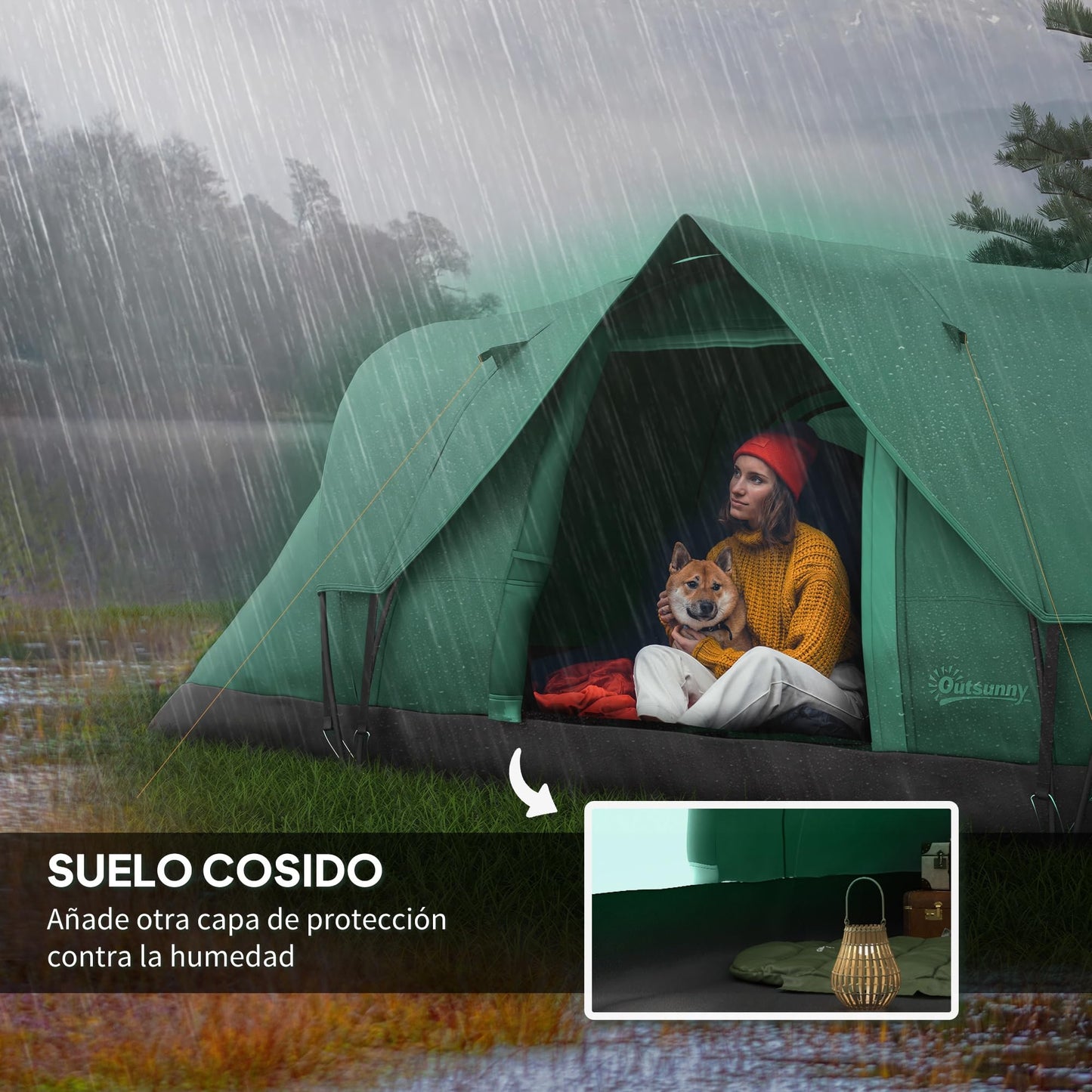 Outsunny Tienda de Campaña Familiar para 5-6 Personas Tienda de Acampada de Túnel Impermeable 3000mm+ Tienda de Camping con Bolsa de Transporte y Gancho para Pescar Senderismo 455x220x180 cm Verde
