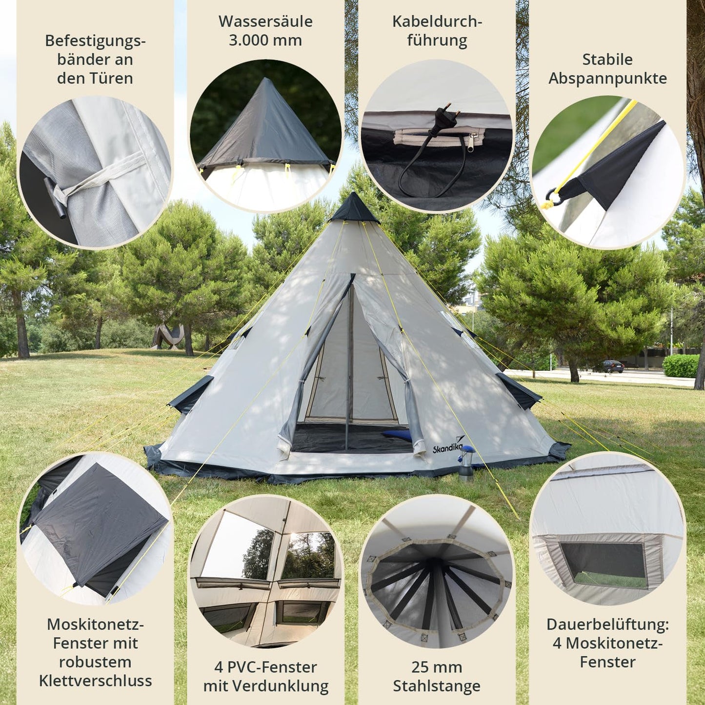 Skandika Tipi Goathi 365 Protect - Tienda de campaña Tipo India - 6 Personas - diámetro 365 cm - Columna de Agua 3.000 mm - Altura 250 cm