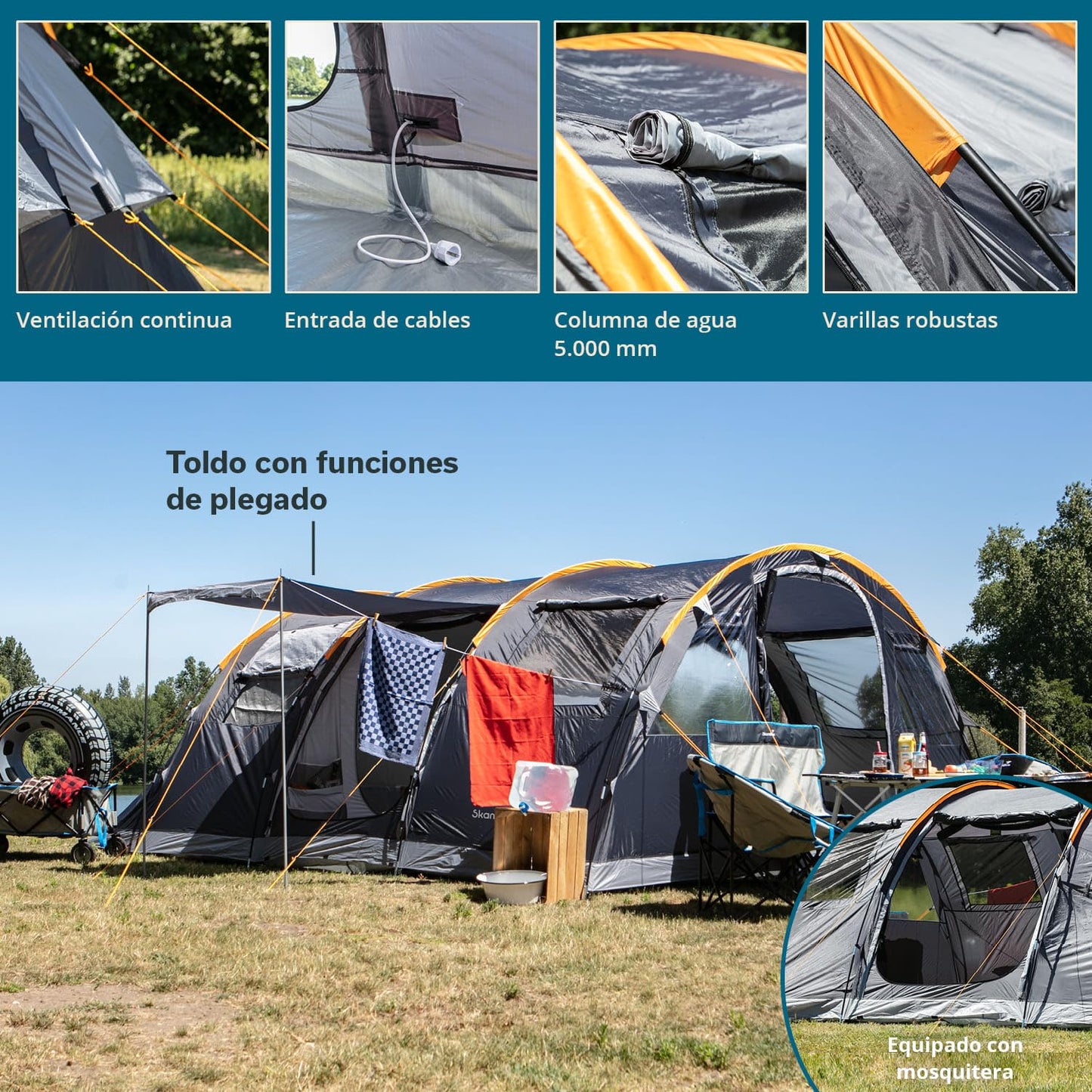 Skandika Gotland 6 - Tienda de campaña Familiar - mosquiteras - Suelo Cosido en Forma de bañera - túnel (Gris)