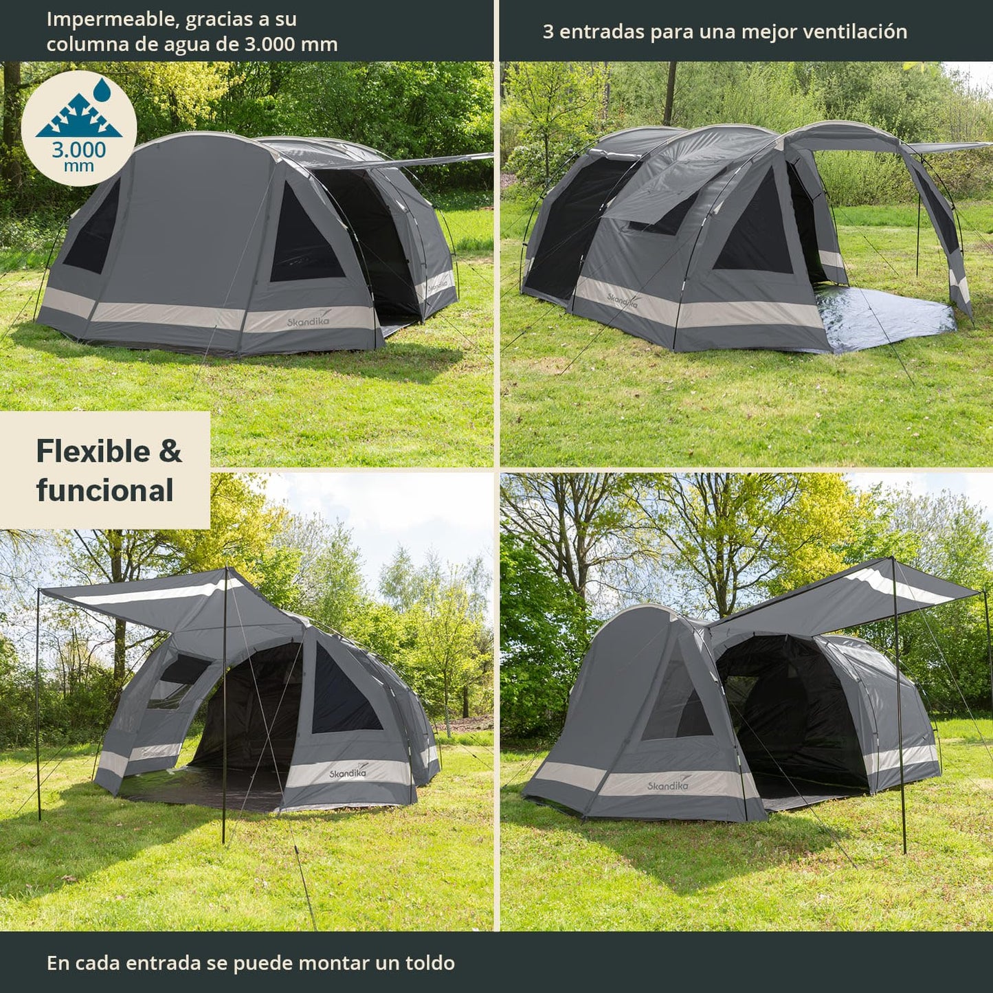 Skandika Kambo - Tienda de campaña Tipo túnel - 4 Personas - Columna de Agua de 3000 mm - 3 entradas - toldo (Gris/Beige)