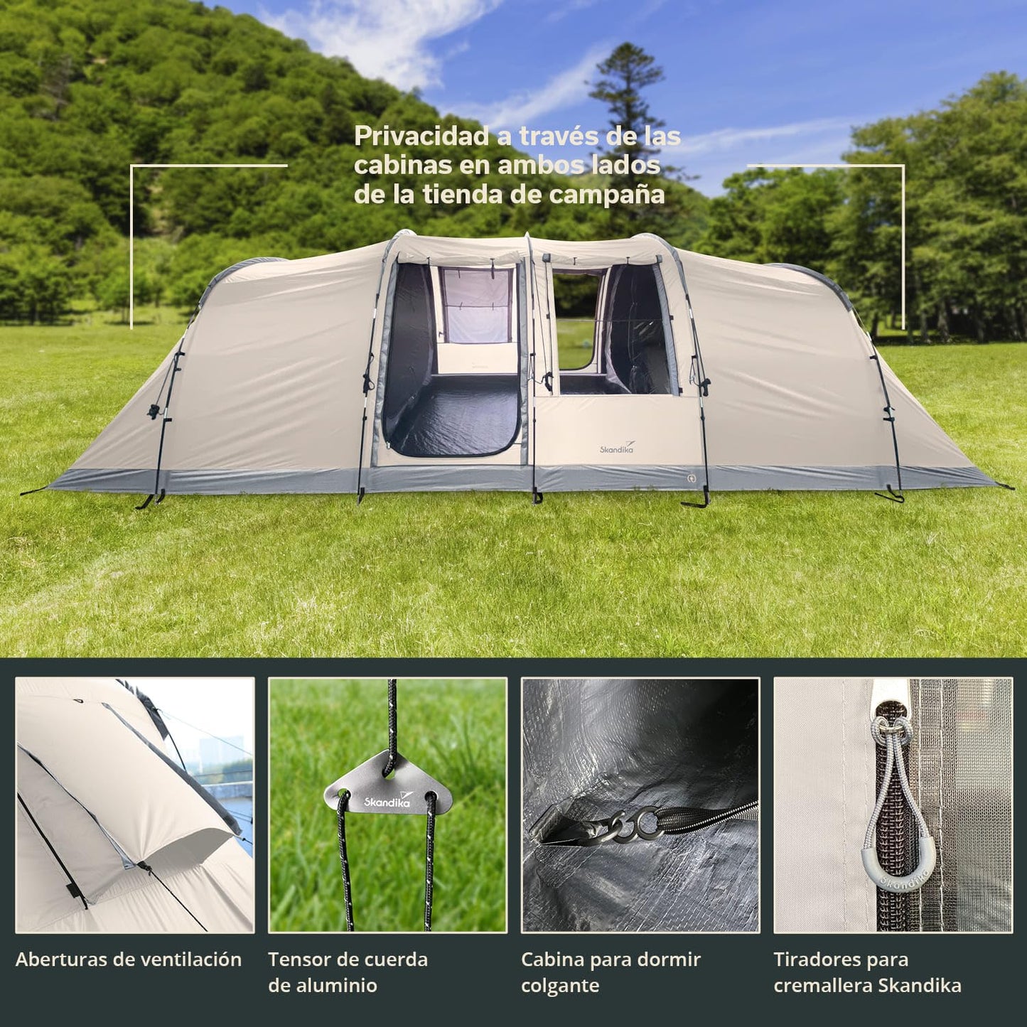 Skandika Casablanca 8 Sleeper Protect Tienda de campaña túnel| 2 cabinas para Dormir, Sleeper Technology, Suelo Cosido, Columna de Agua de 3000 mm, Altura de 2 m, mosquitera (Beige)