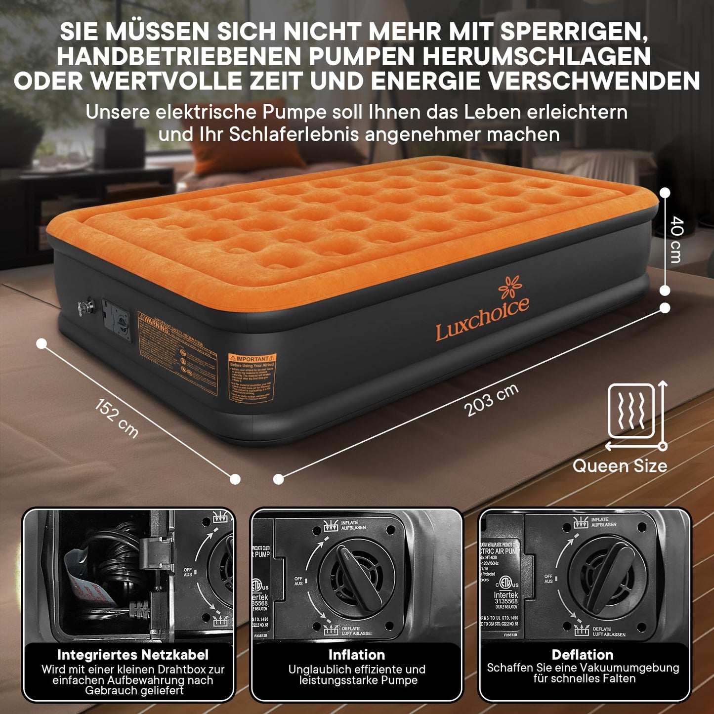 Luxchioce Cama de Aire Colchón de Aire Autoinflable con Bomba Eléctrica Cama de Invitados Premium Colchón Inflable para Camping o Uso Doméstico