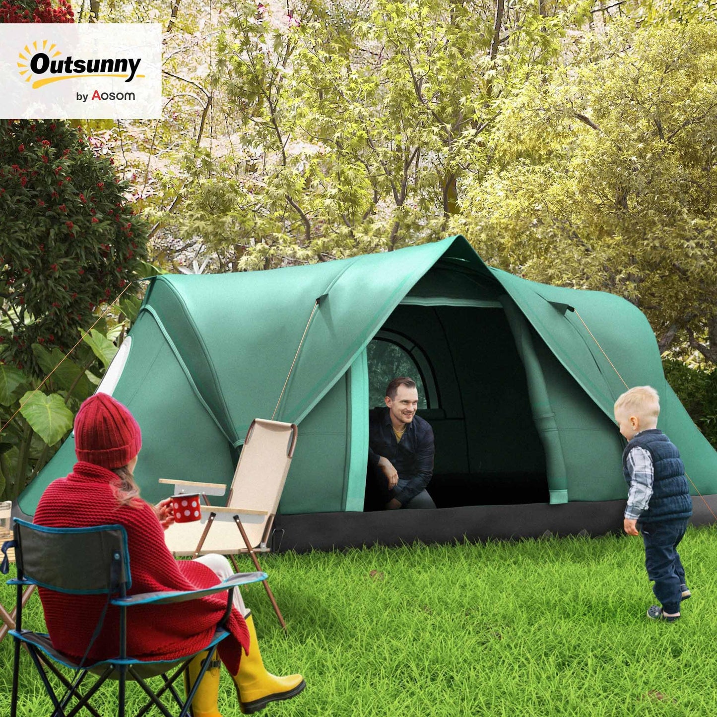 Outsunny Tienda de Campaña Familiar para 5-6 Personas Tienda de Acampada de Túnel Impermeable 3000mm+ Tienda de Camping con Bolsa de Transporte y Gancho para Pescar Senderismo 455x220x180 cm Verde