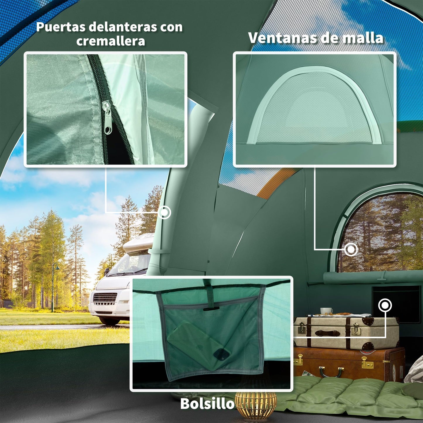 Outsunny Tienda de Campaña Familiar para 5-6 Personas Tienda de Acampada de Túnel Impermeable 3000mm+ Tienda de Camping con Bolsa de Transporte y Gancho para Pescar Senderismo 455x220x180 cm Verde