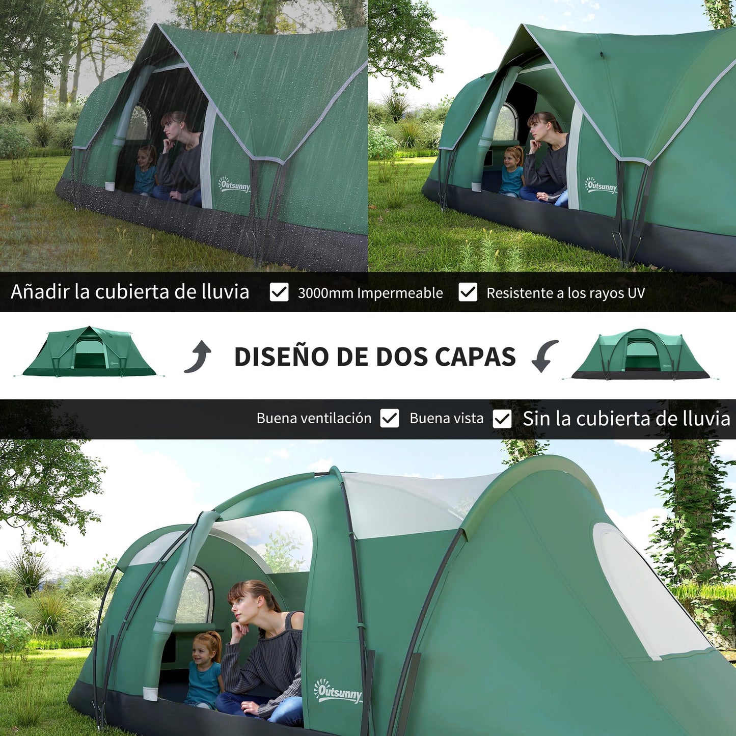 Outsunny Tienda de Campaña Familiar para 5-6 Personas Tienda de Acampada de Túnel Impermeable 3000mm+ Tienda de Camping con Bolsa de Transporte y Gancho para Pescar Senderismo 455x220x180 cm Verde