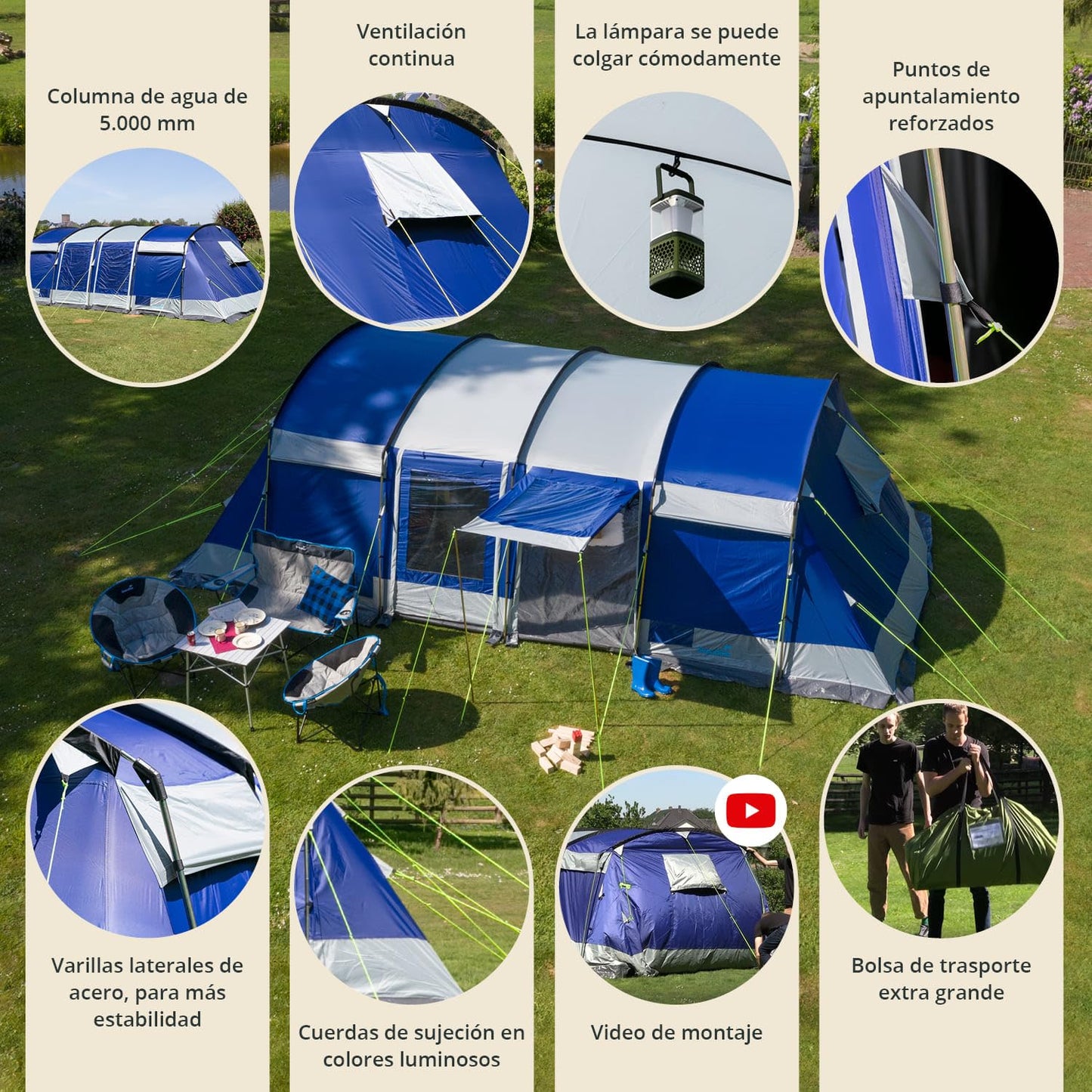 Skandika Montana Sleeper - Tienda de campaña Familiar para 8-10 Personas - cabinas oscuras para Dormir - Columna de Agua de 5.000 mm (Protec Sleeper 8 pers.)