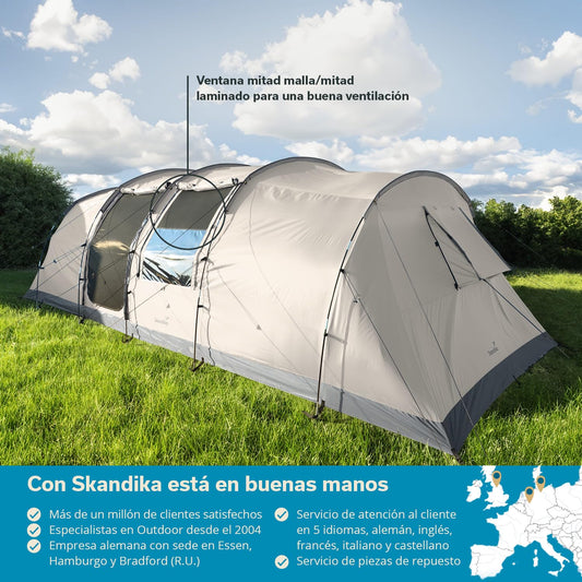 Skandika Casablanca 8 Sleeper Protect Tienda de campaña túnel| 2 cabinas para Dormir, Sleeper Technology, Suelo Cosido, Columna de Agua de 3000 mm, Altura de 2 m, mosquitera (Beige)